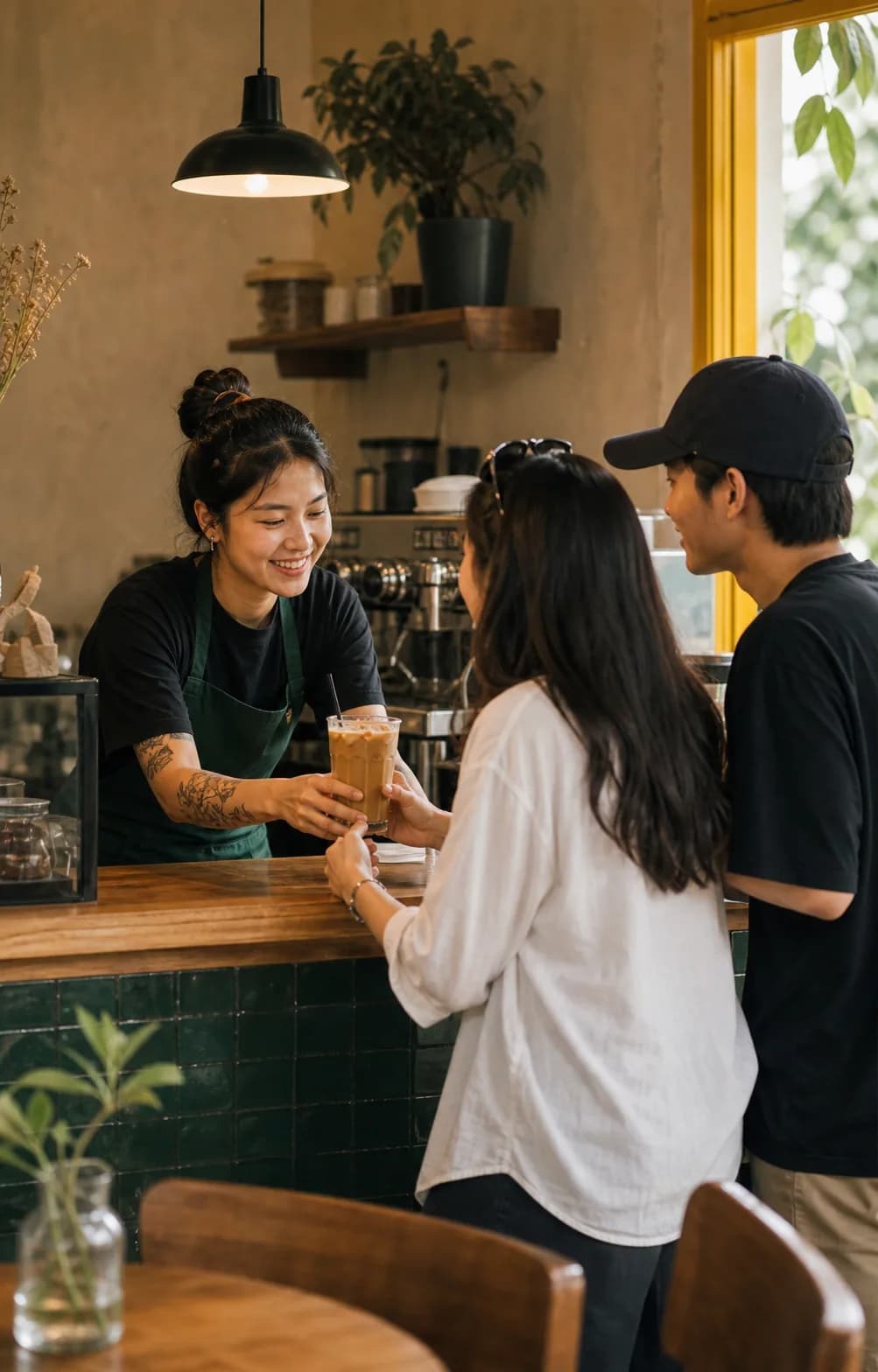 Café owner serving coffee to café hoppers
